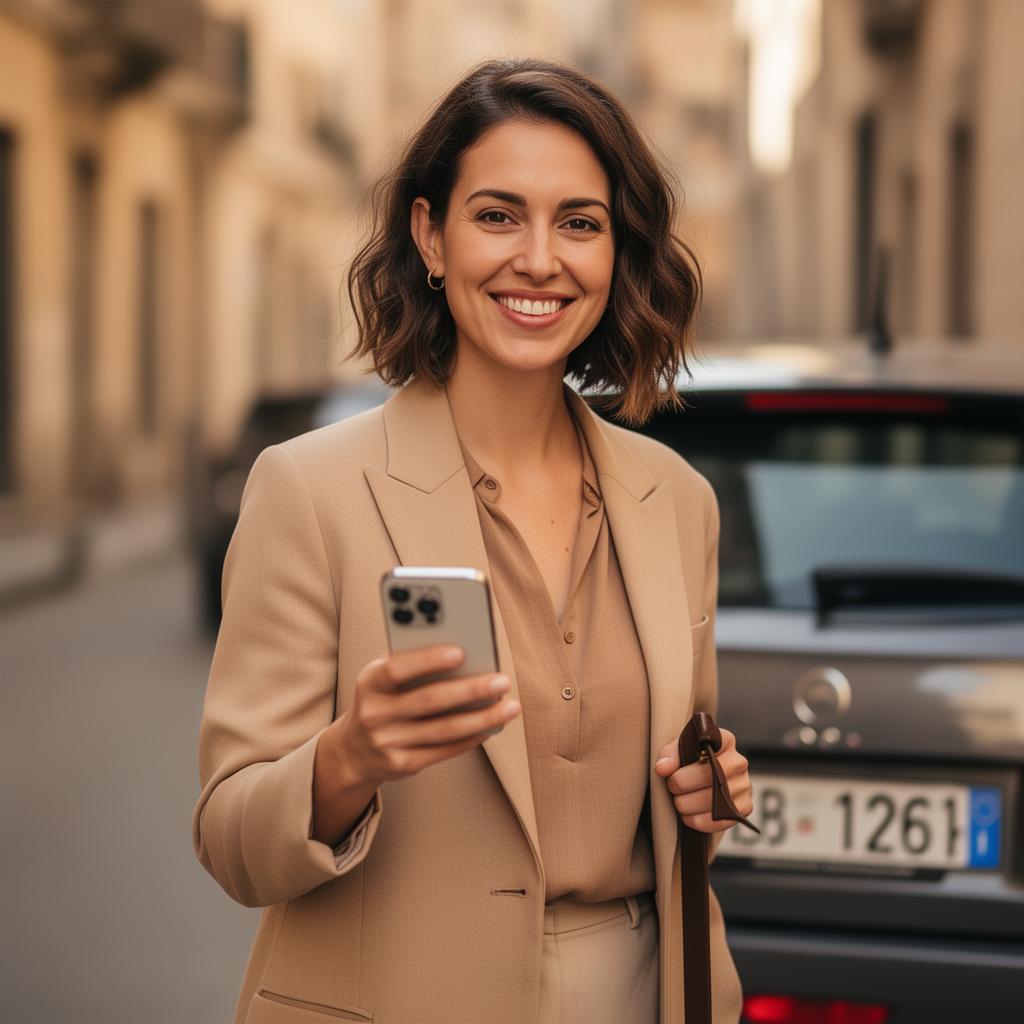Una donna sorridente scatta la foto della targa con l'app Pinguando