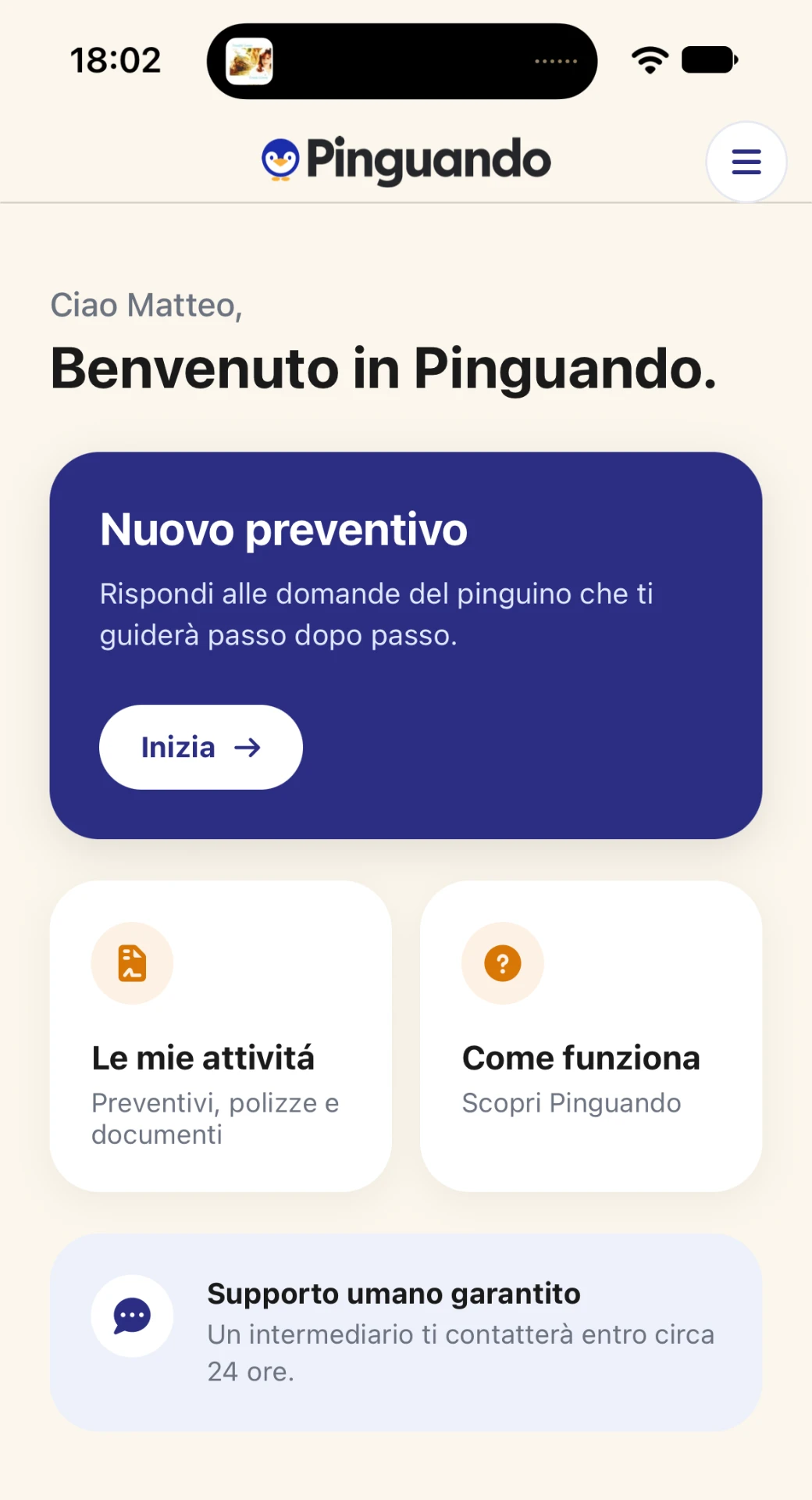 App Pinguando — schermata home