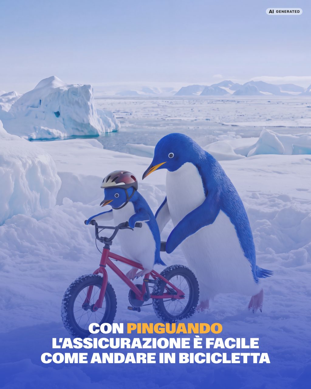 La mascotte Pinguando insegna ad andare in bicicletta a un piccolo pinguino con il casco